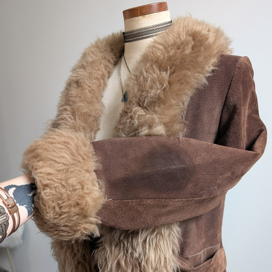 Vintage Brown Suede Penny Lane Jacket Groovy Fur Trim Leather Trench Coat Medium