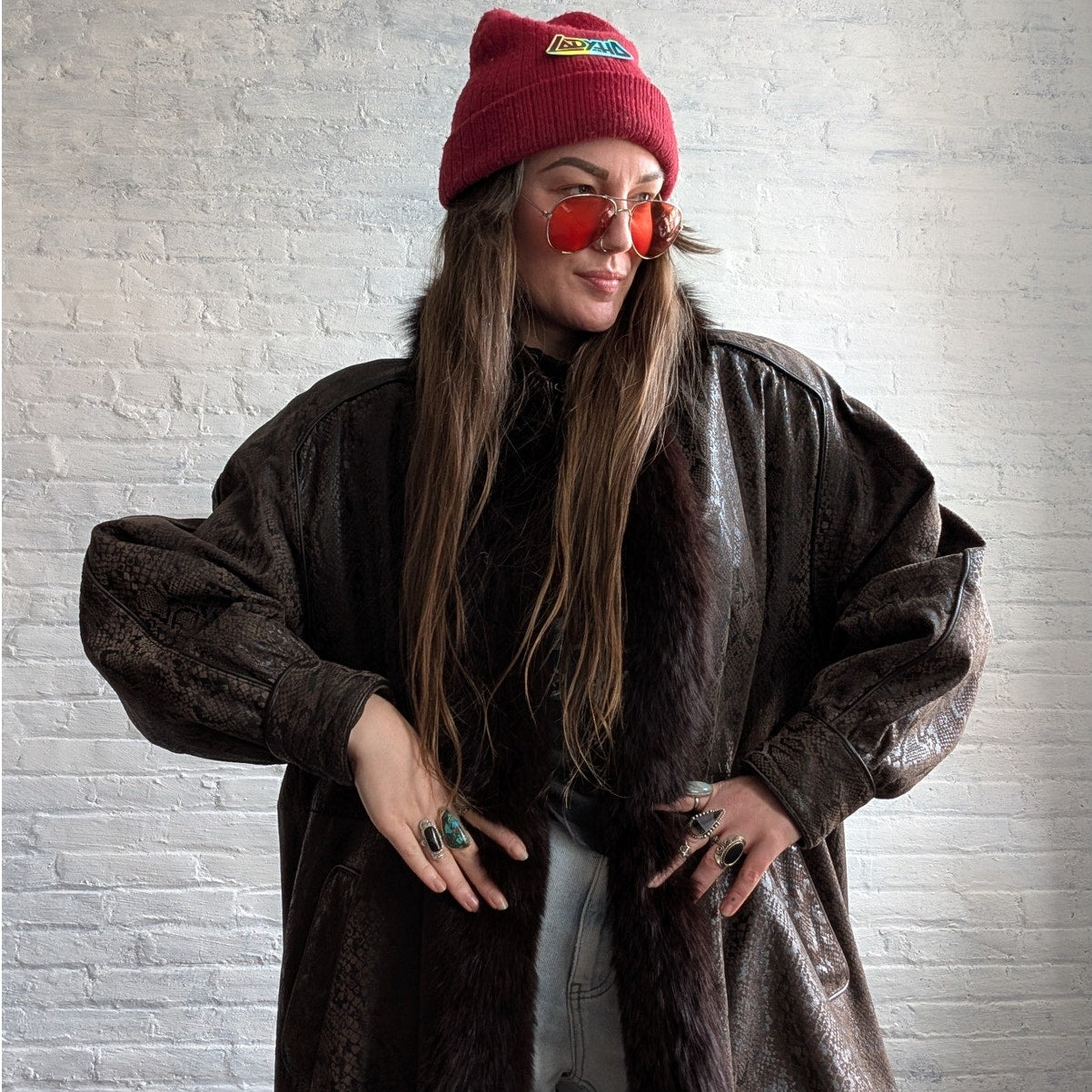 Vintage Black Leather Snakeskin Trench Coat Minimalist Penny Lane Fox Fur Jacket