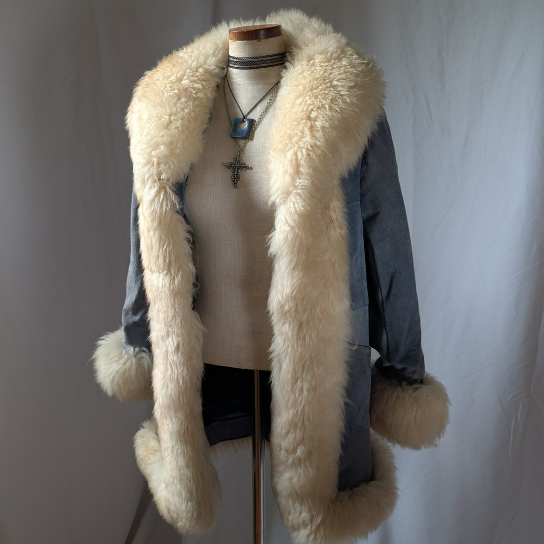 Vintage Blue Suede Afghan Coat S Penny Lane Jacket Fur Furry Leather Trench Coat
