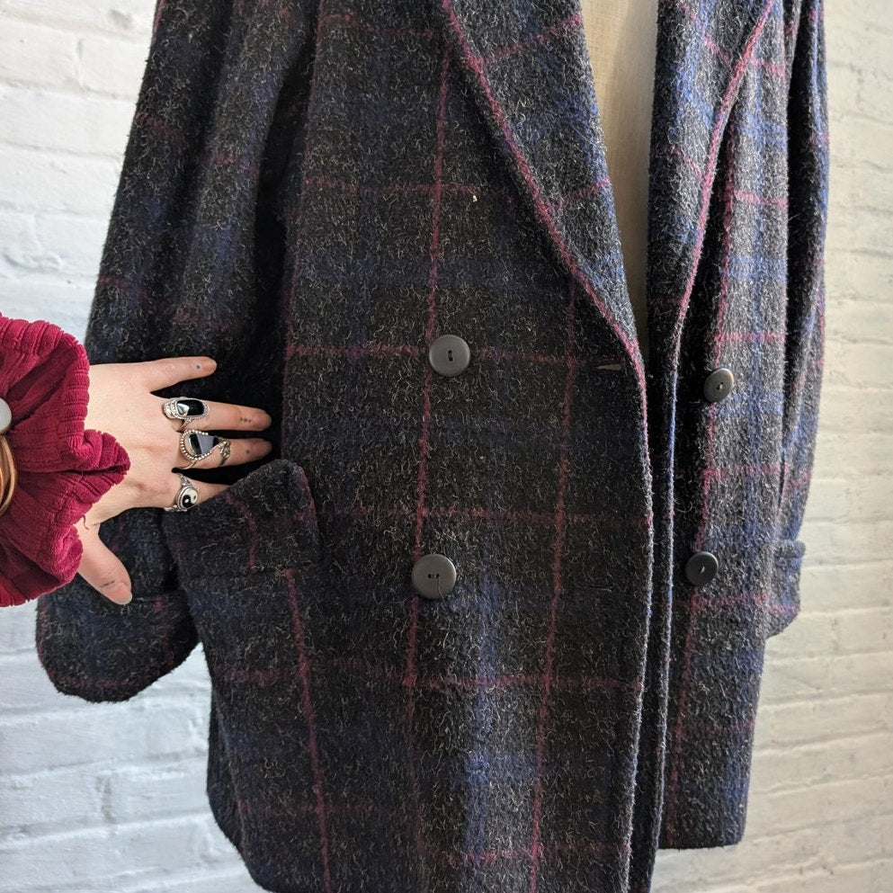 Vintage Black Fuzzy Wool Trench Coat Preppy Plaid Grandpa Sweater Leather Jacket