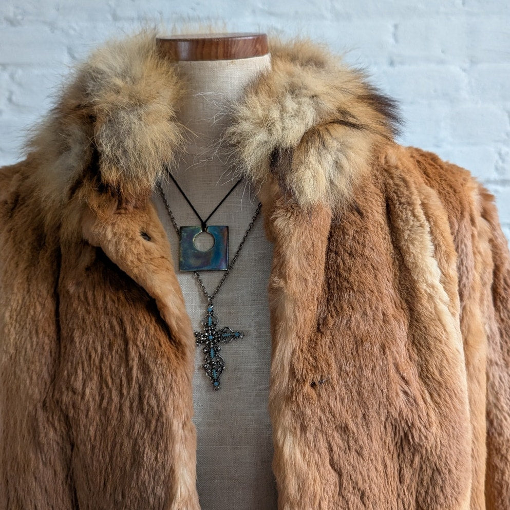 Vintage Rust Orange Rabbit Fur Coat Fuzzy Mobwife Cozy Plush Western Boho Jacket