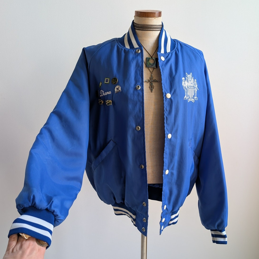 Vintage Blue Varsity Bomber Jacket Preppy Liberty Drill Team Sporty Coat Medium
