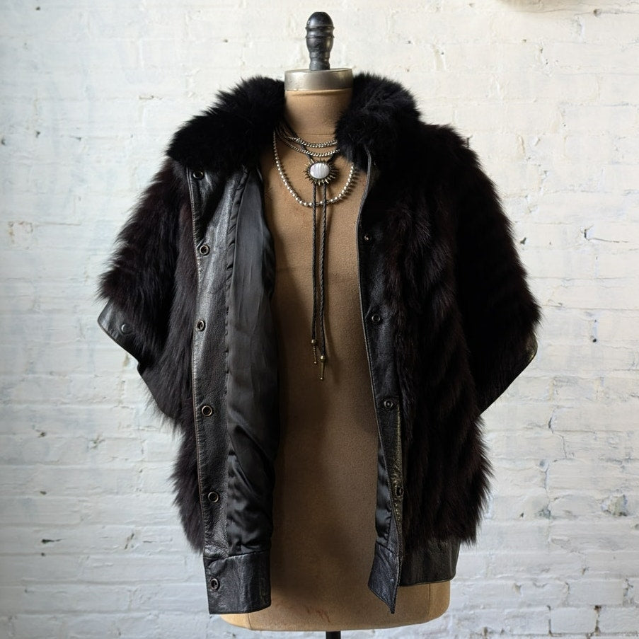 Vintage Black Leather Fox Fur Biker Jacket Minimalist Grunge Goth Moto Vest Coat