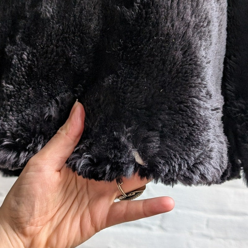 Vintage Black Rabbit Fur Bomber Coat Minimalist Shaggy Furry Fuzzy Moto Jacket