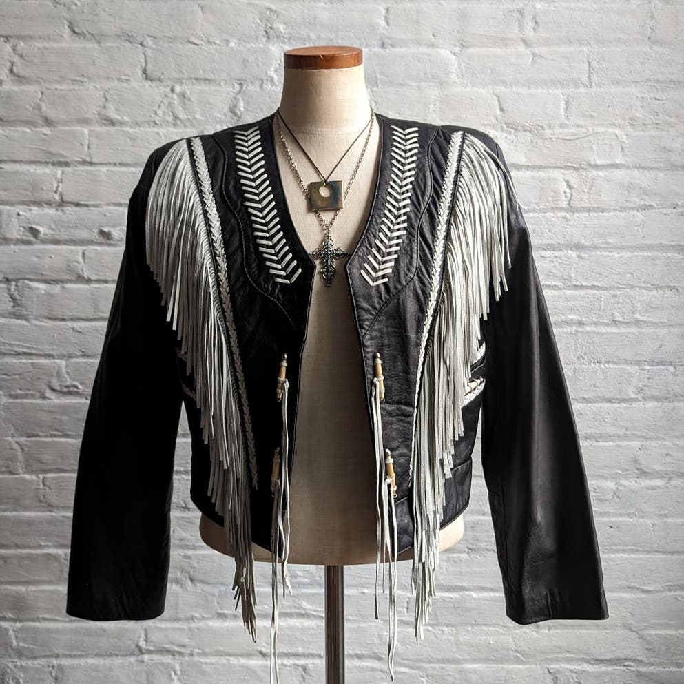 Vintage Black Leather Fringe Biker Jacket Cropped Two Tone Western Moto Shacket