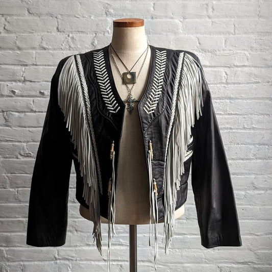 Vintage Black Leather Fringe Biker Jacket Cropped Two Tone Western Moto Shacket