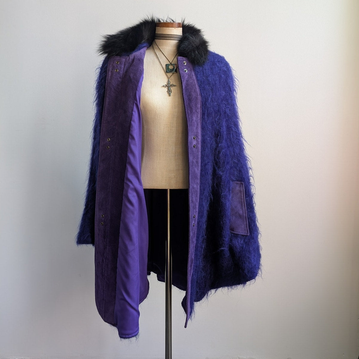Vintage Purple Suede Mohair Cape Wool Jacket Shag Fur Coat Leather Poncho Medium