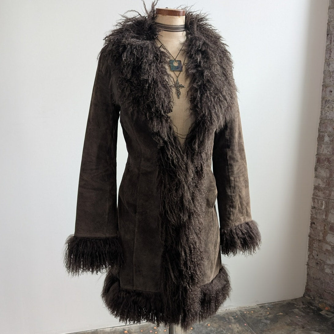 Vintage Brown Suede Penny Lane Jacket Fur Shag Leather Groovy Trench Coat Medium