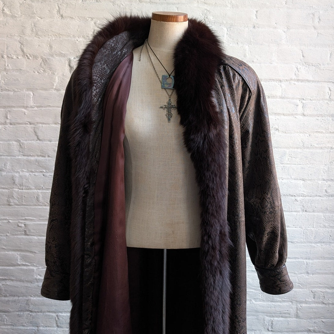 Vintage Black Leather Snakeskin Trench Coat Minimalist Penny Lane Fox Fur Jacket