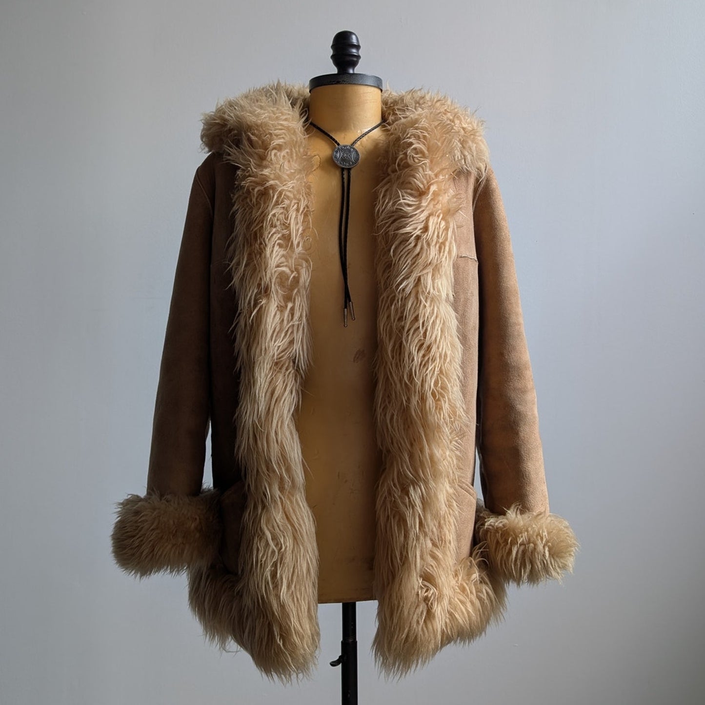 70s Vintage Brown Leather Penny Lane Coat Tan Suede Fur Groovy Boho Afghan Coat