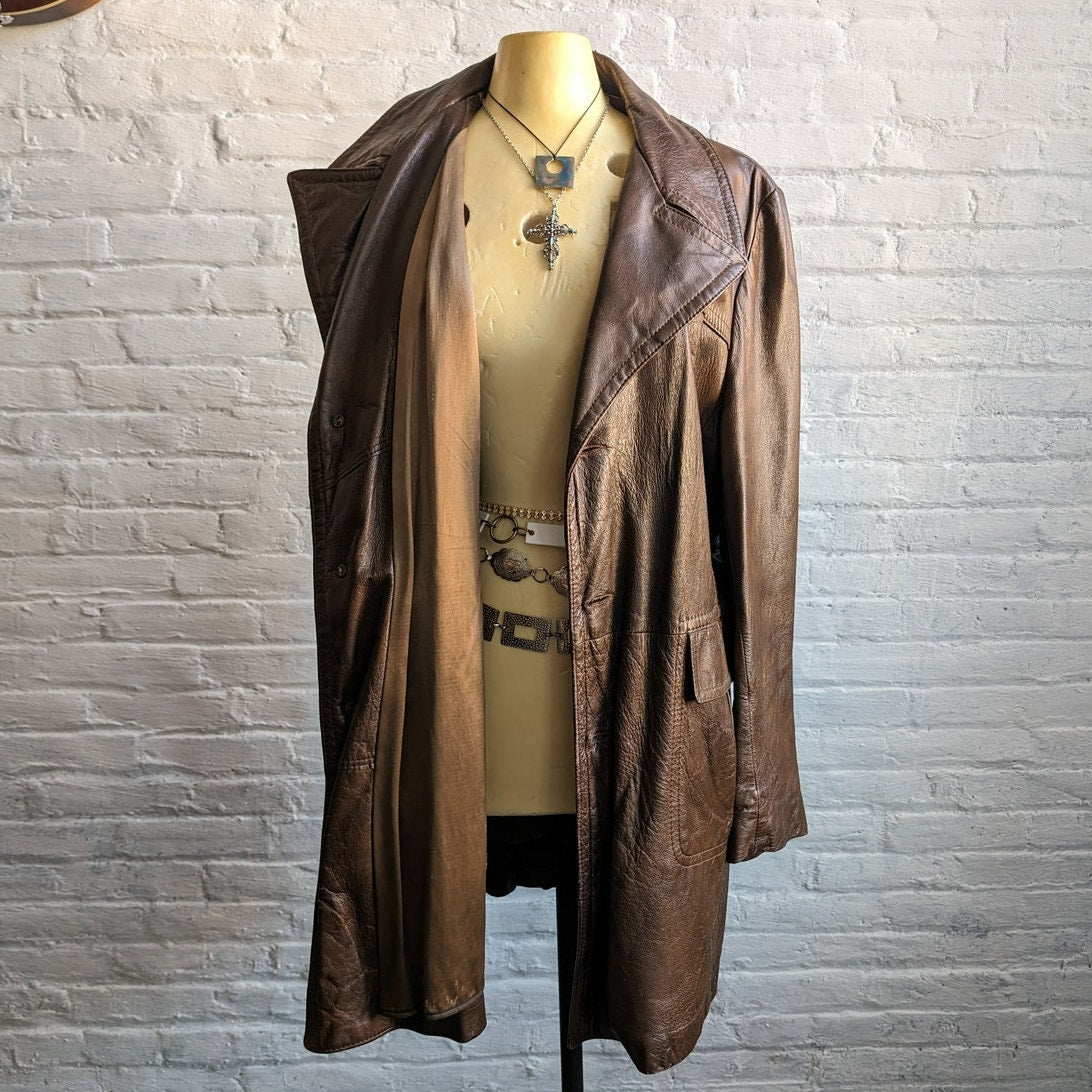 Vintage Brown Leather Jacket Western Trench Coat Earthy Cowboy Minimalist Coat L