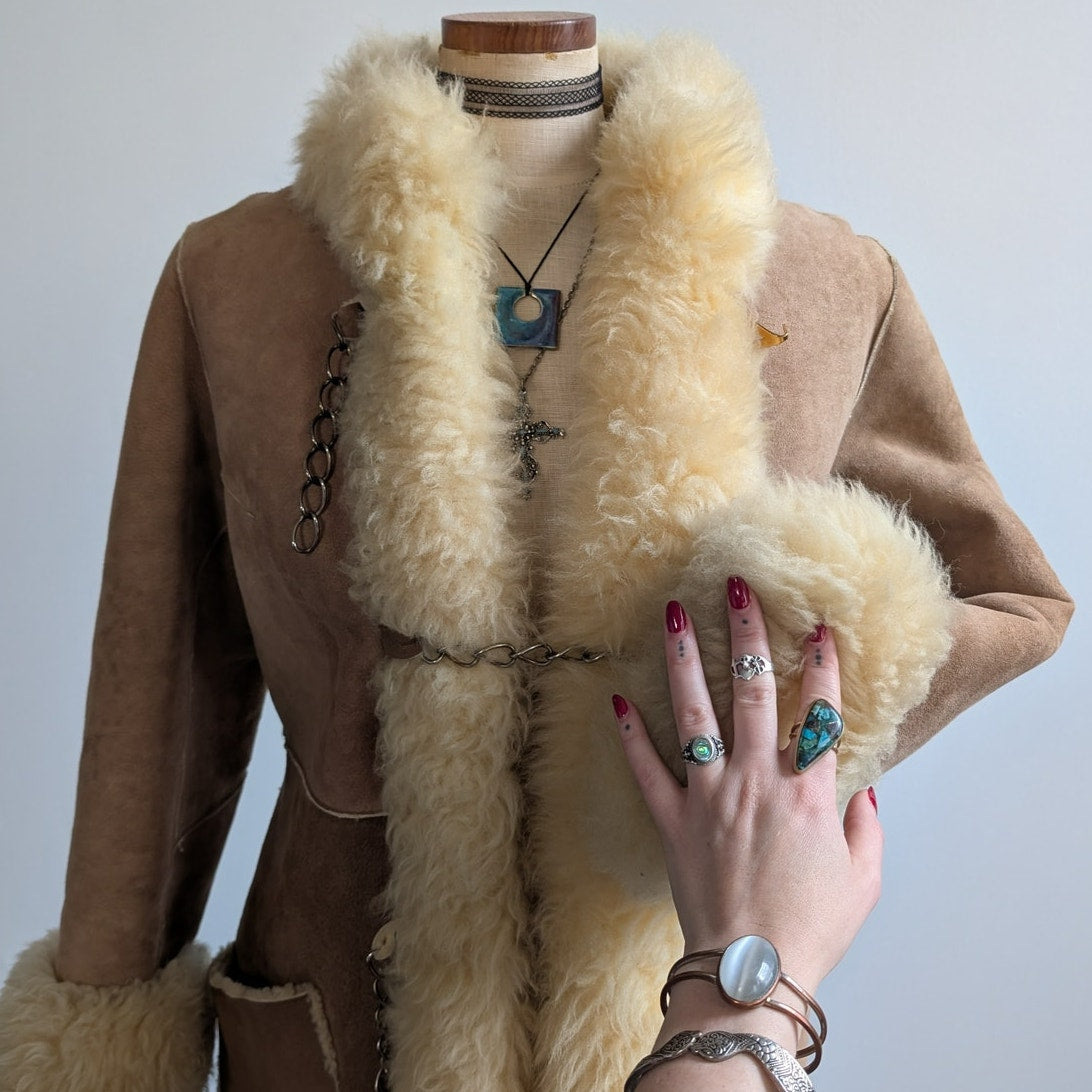 Vintage Brown Suede Fur Coat Boho Tan Leather Penny Lane Jacket Fur Trim Medium