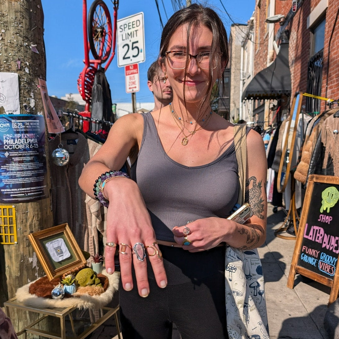 Grey Teardrop Sterling Silver Midi Ring Retro Vintage Boho Natural Stone Size4.5