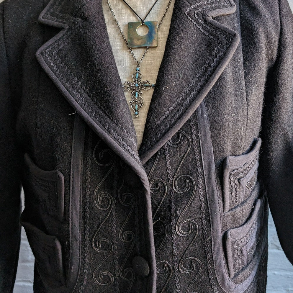 Vintage Black Wool Western Blazer Cropped Jacket Minimalist Coat Cowgirl Medium