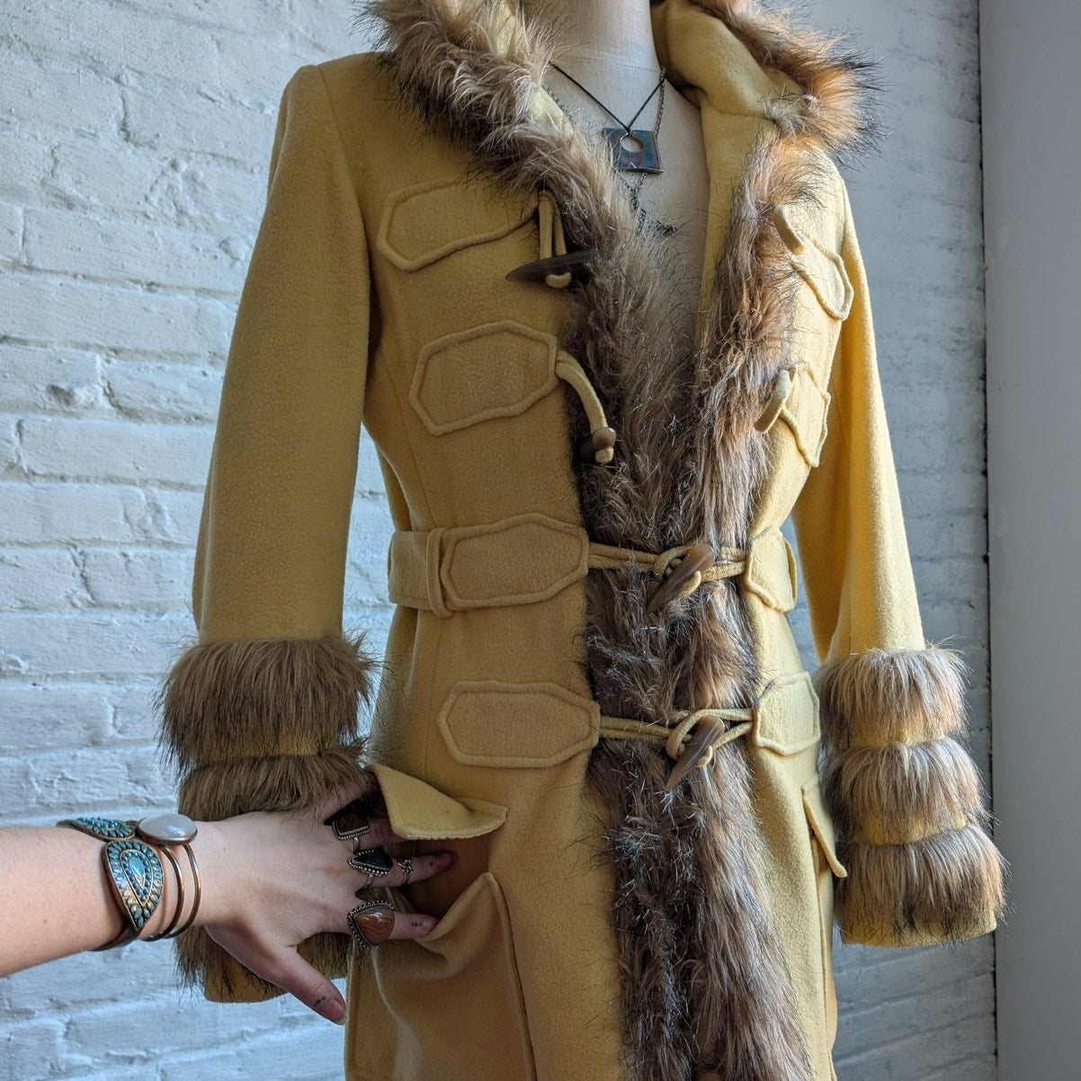 Vintage Yellow Wool Trench Coat Groovy Penny Lane Jacket Faux Fur Coat Medium