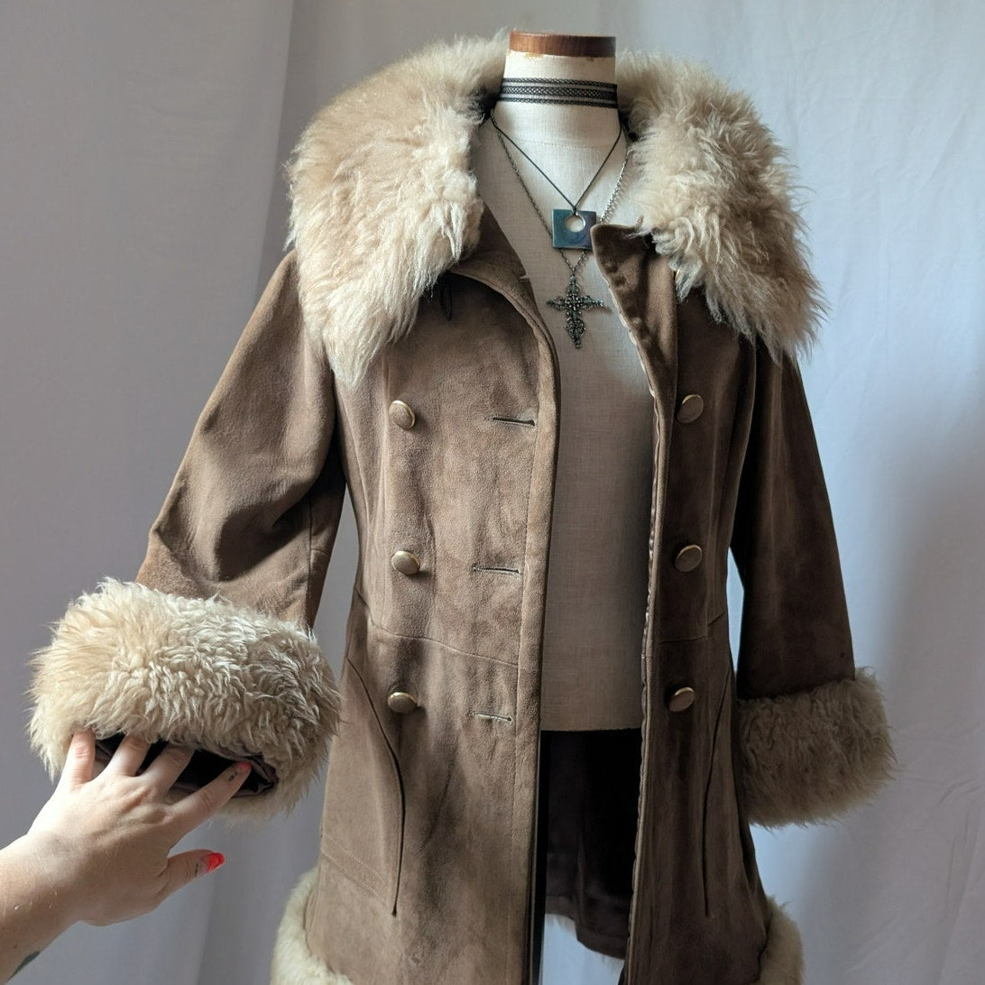 70s Vintage Brown Suede Penny Lane Coat M Tan Leather Fur Boho Afghan Jacket