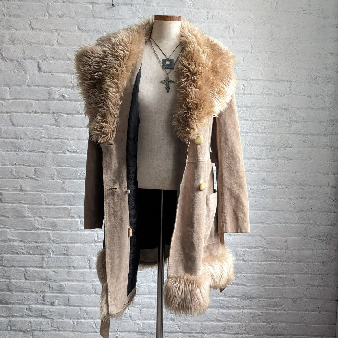 70s Vintage Brown Leather Penny Lane Coat Tan Suede Fur Groovy Boho Afghan Coat