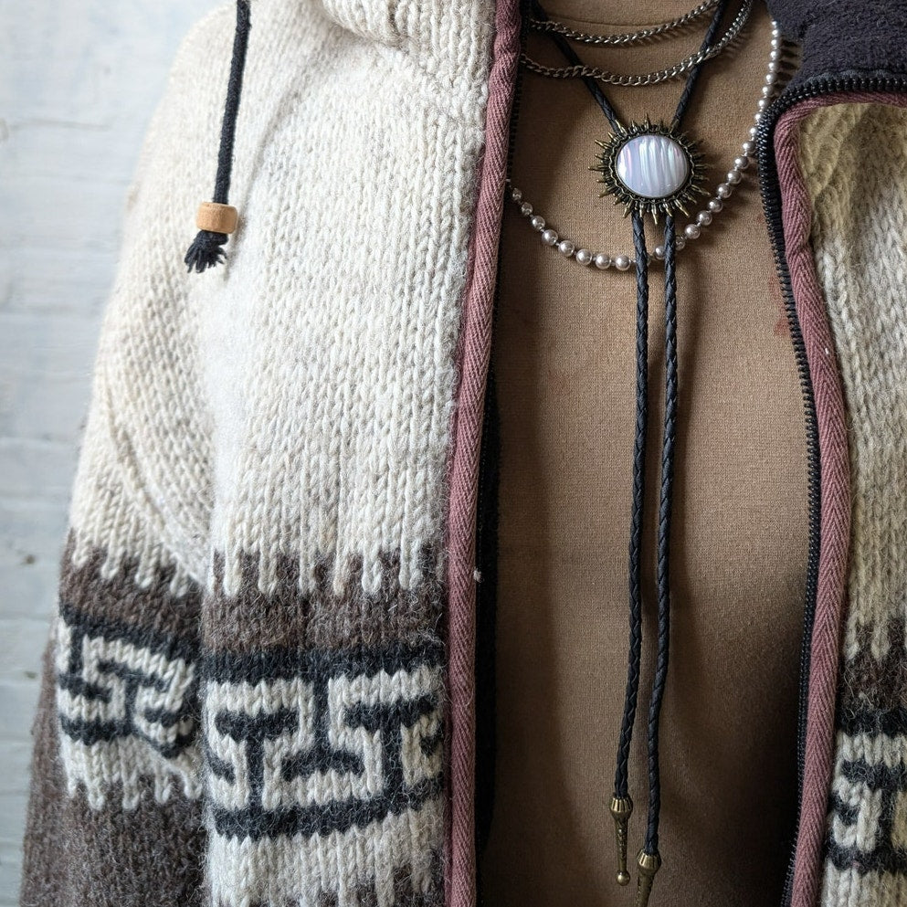 Vintage Hand Knit Wool Fleece Jacket Fuzzy Chunky Grandpa Sweater Nordic Coat