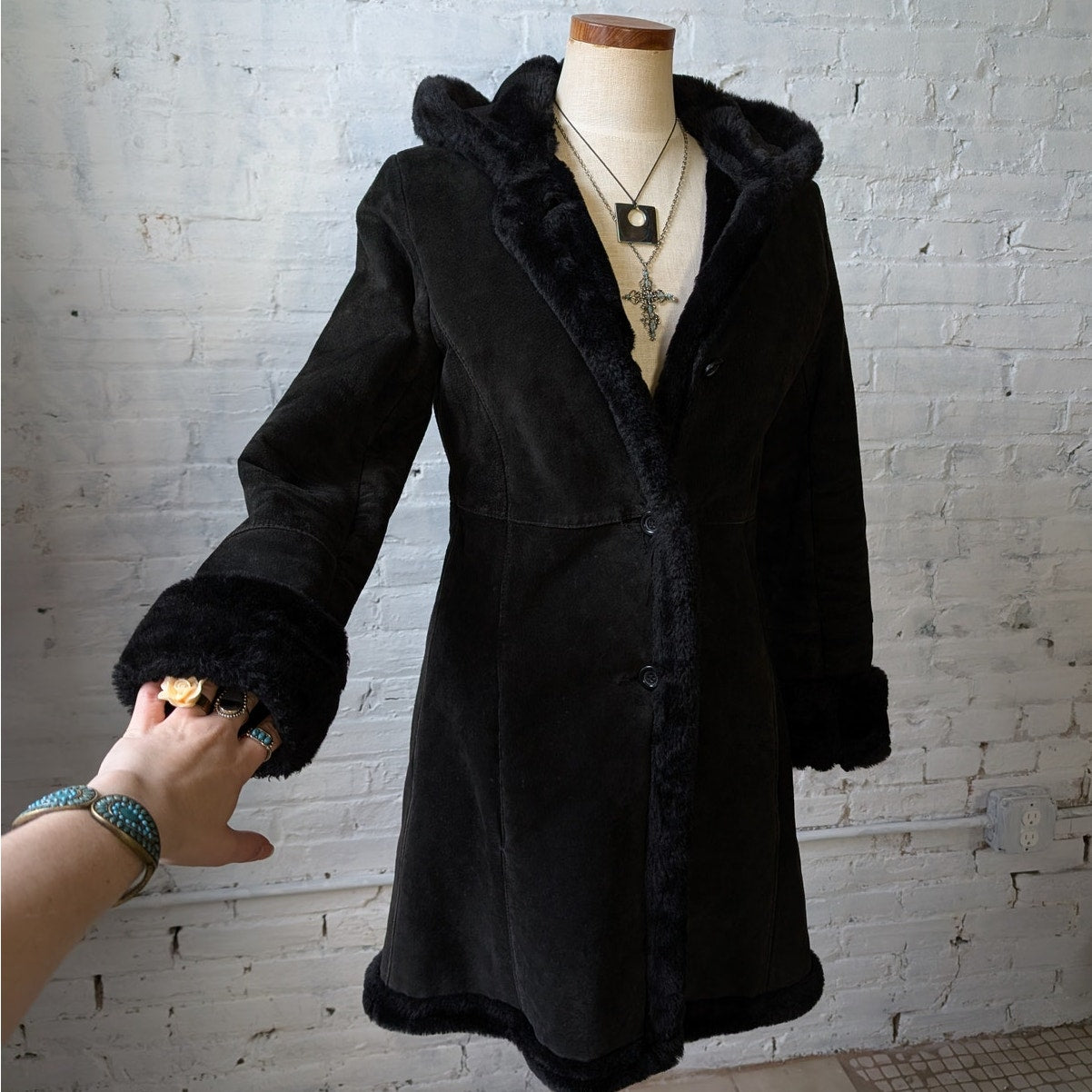 Vintage Black Suede Leather Penny Lane Coat Faux Fur Trench Minimalist Jacket