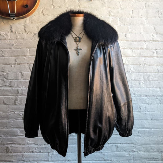 Vintage Black Leather Biker Fur Bomber Coat Minimalist Penny Lane Duster Jacket