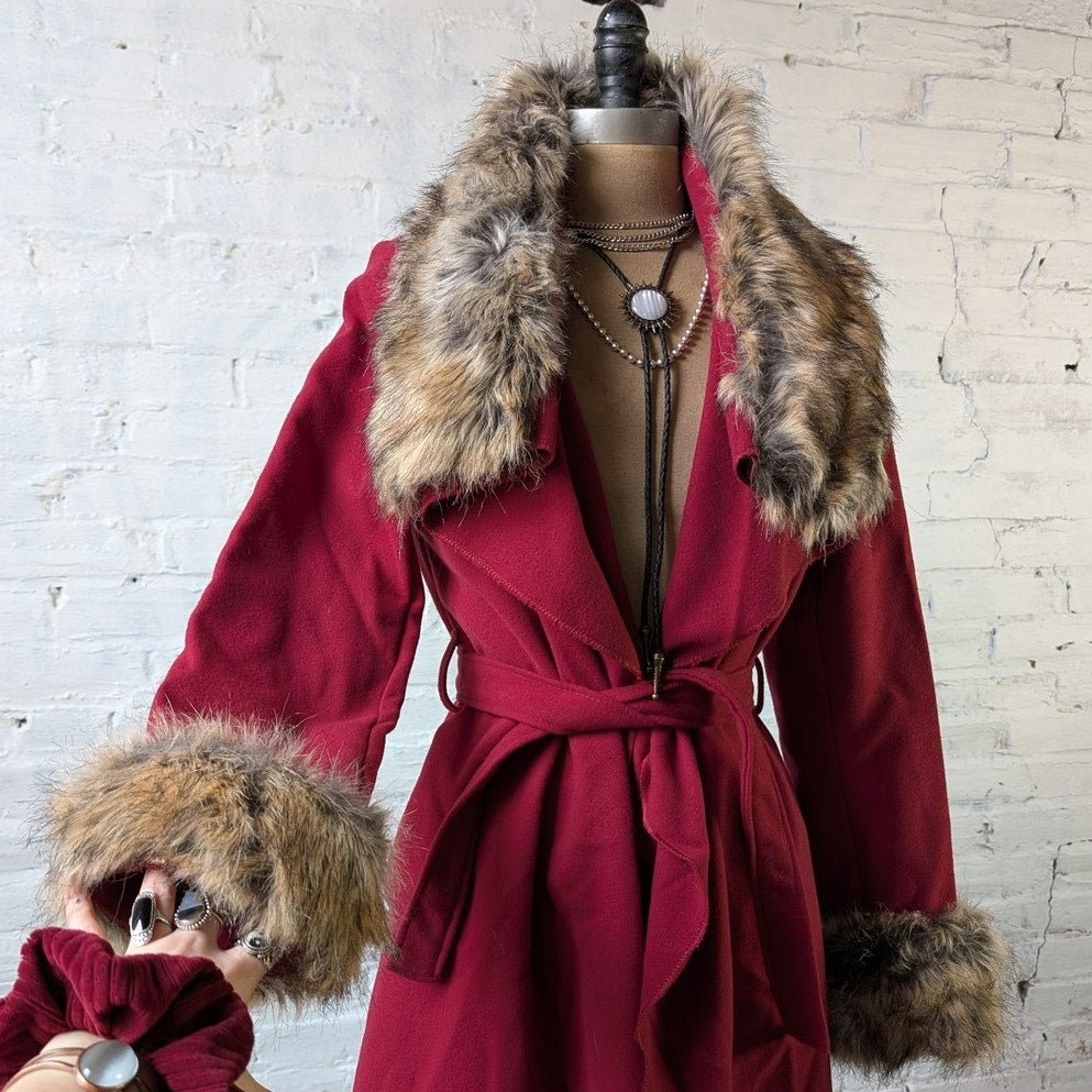 Y2K Red Faux Fur Shaggy Penny Lane Jacket Dark Romance Knit Bratz Trench Coat