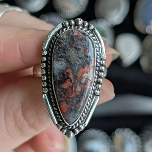 Earthy Red Rust Natural Stone Ring Boho Chic Sterling Silver Vintage Size 9.25