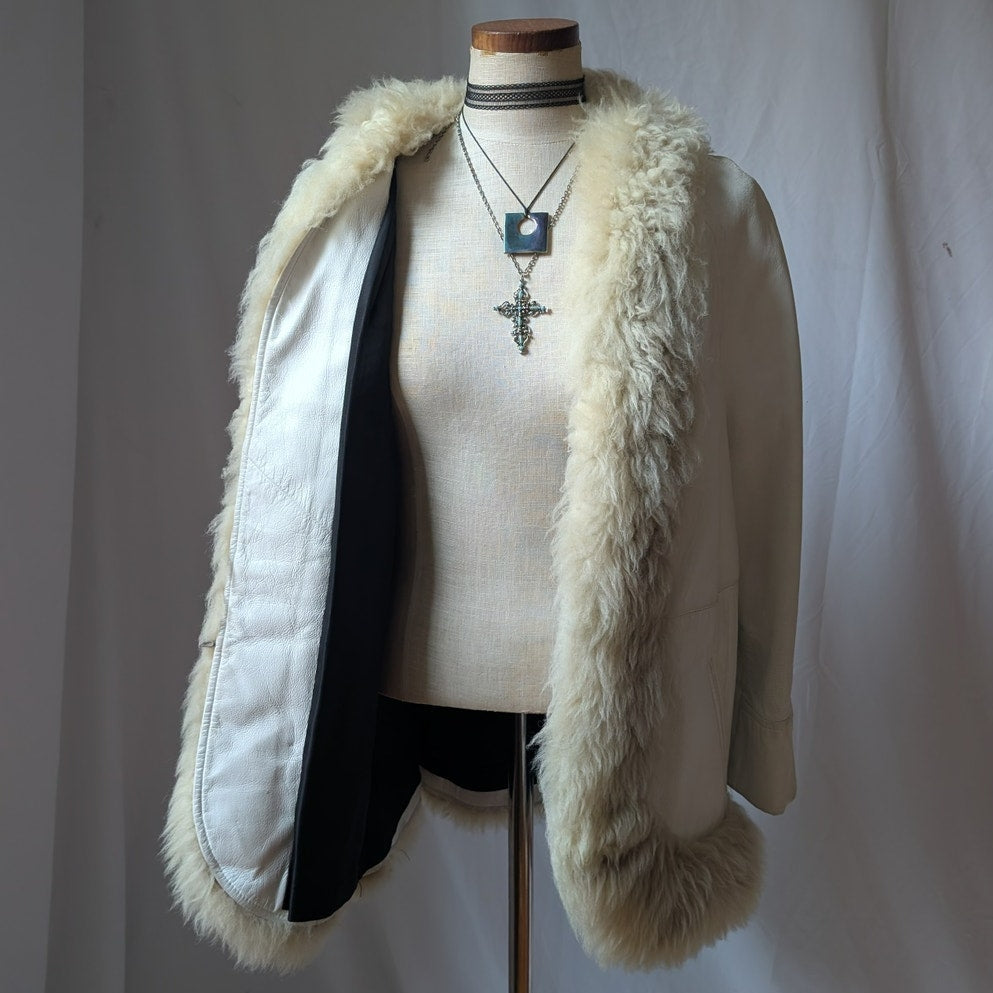 70s White Leather Penny Lane Coat L Vintage Afghan Jacket Boho Wedding Fur Coat