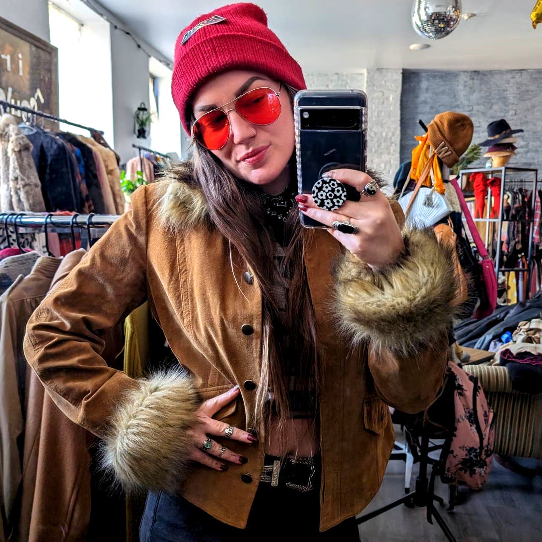 Y2K Vintage Furry Penny Lane Coat Genuine Suede Leather Vegan Fur Shag Jacket