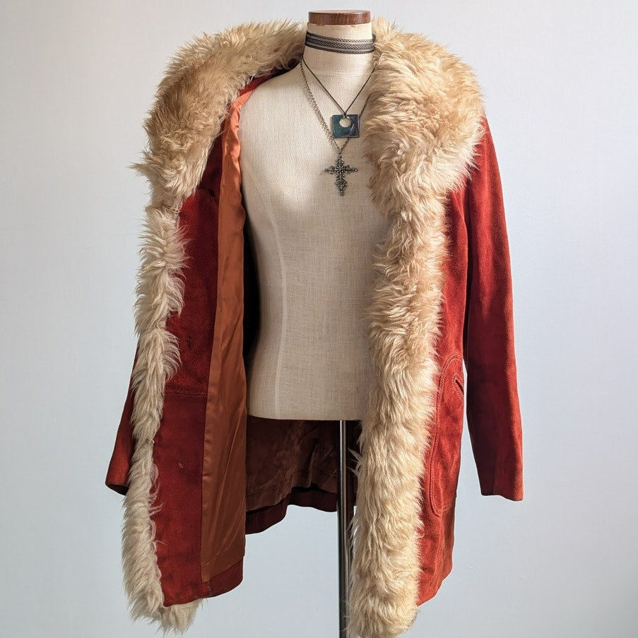 Vintage Red Suede Jacket Leather Penny Lane Coat Fur Trim 70s Trench Coat Medium