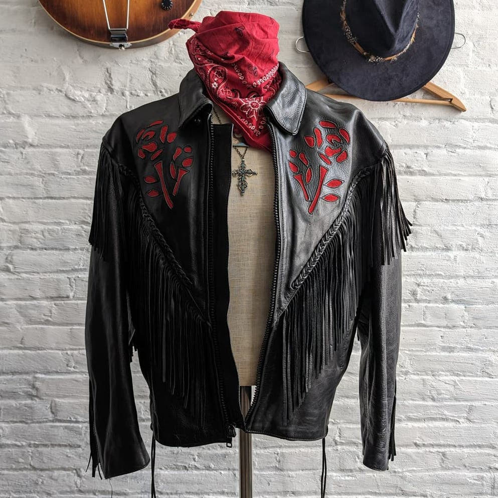 Vintage Black Genuine Leather Biker Jacket Suede Red Roses Fringe Western Coat
