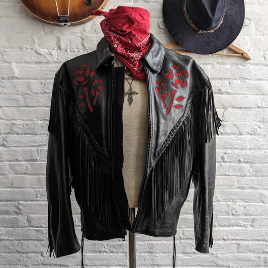 Vintage Black Genuine Leather Biker Jacket Suede Red Roses Fringe Western Coat