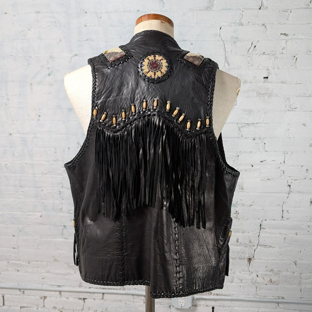 Vintage Black Leather Biker Vest Western Cowboy Fringe Vest Beaded Top Medium