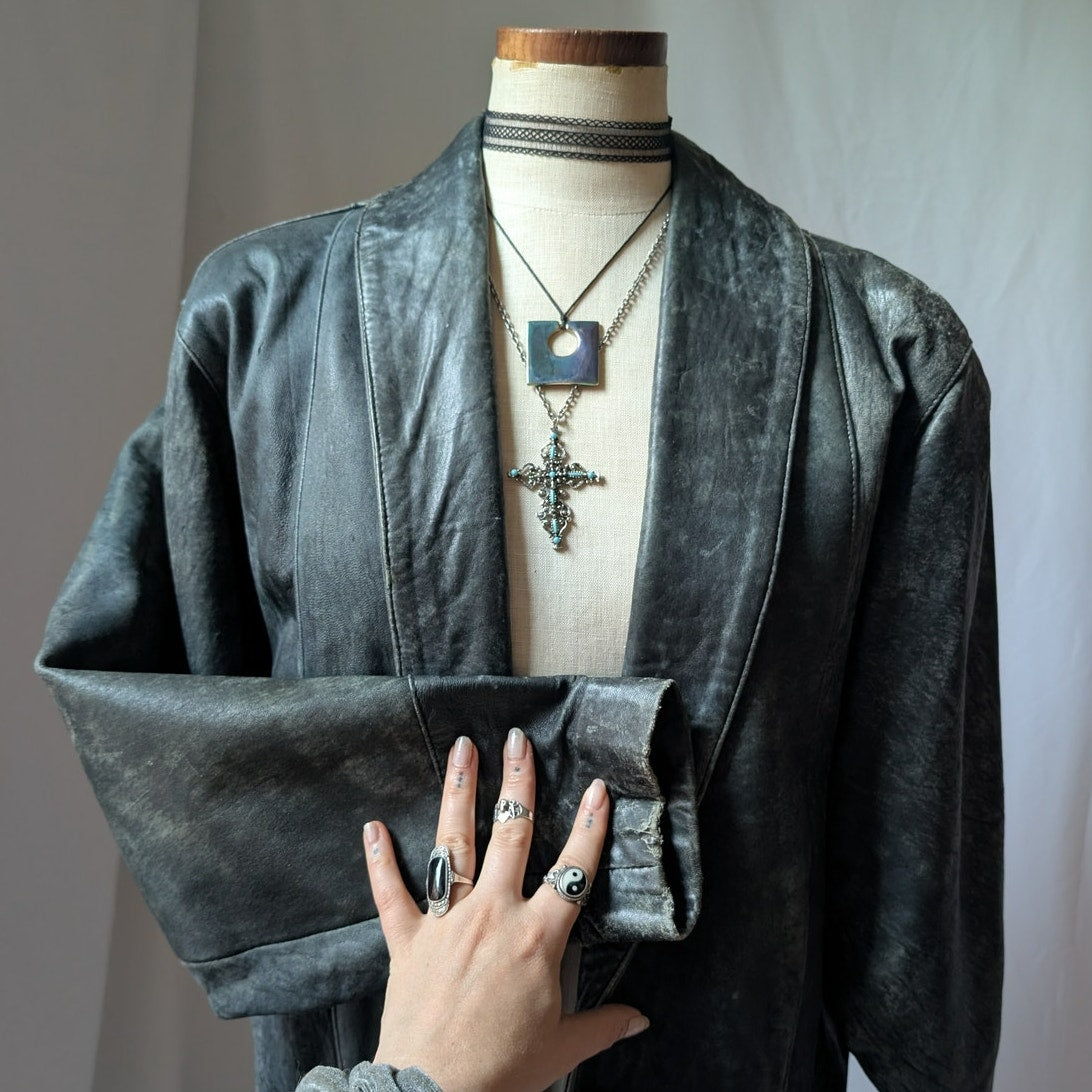 90s Vintage Black Leather Trench Coat L Slouchy Model Off Duty Leather Jacket