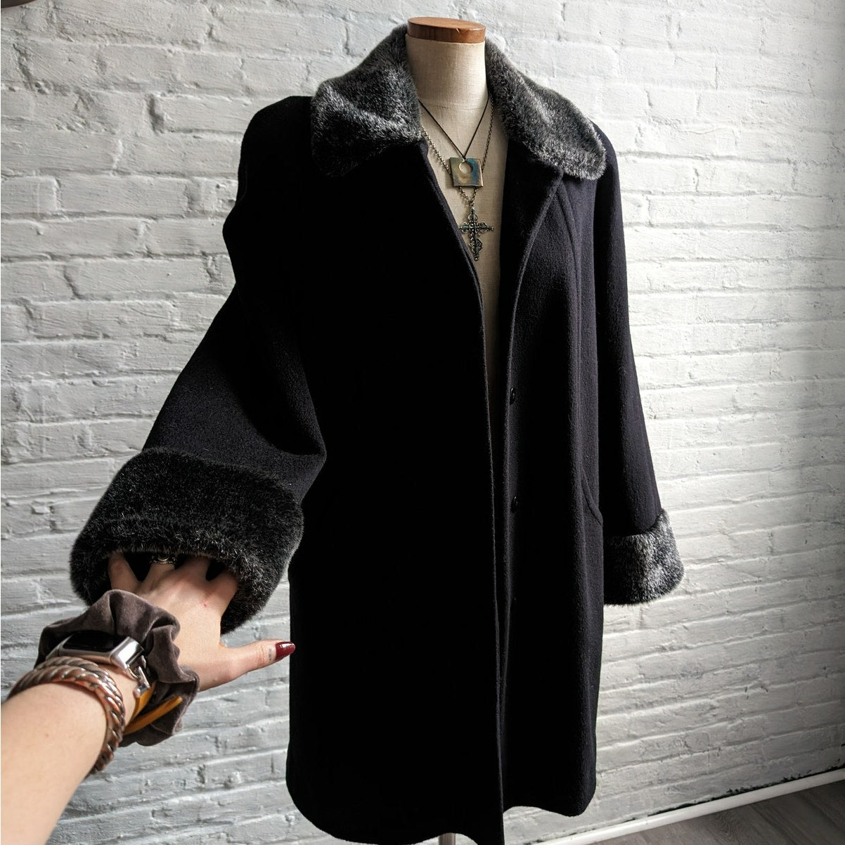 Vintage Black Wool Minimalist Trench Coat Fuzzy Faux Fur Dark Academia Jacket