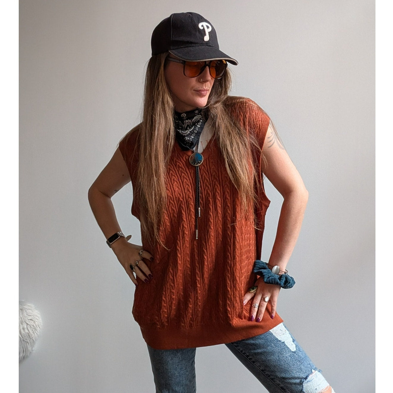 Vintage Silk Cable Knit Sweater Vest Rust Orange Grandpa Cottage Preppy Top XL