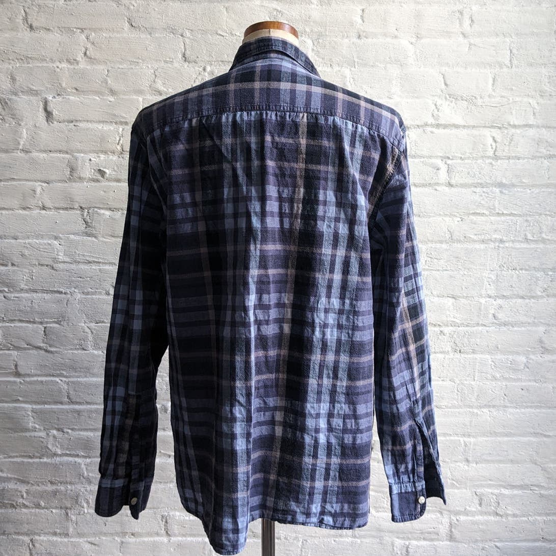 Navy Blue Plaid Linen Longsleeve Top Retro 90s Minimalist Grunge Striped Flannel