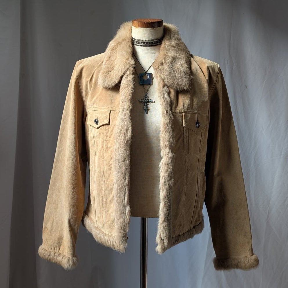 Y2K Vintage Suede Fur Trim Coat L Cropped Neutral Leather Penny Lane Jacket Boho
