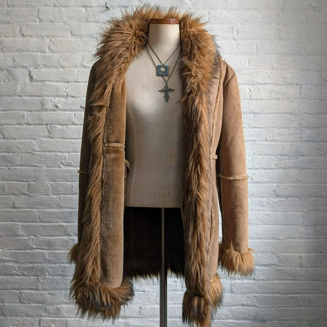 Y2K Vintage Brown Suede Penny Lane Jacket Faux Fur Fuzz Leather Boho Trench Coat