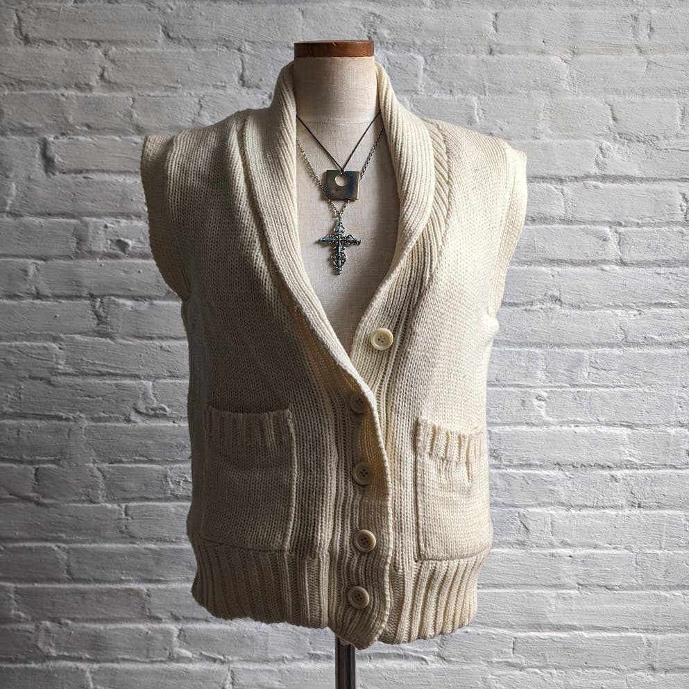 70s Vintage Knit Grandpa Sweater Vest Preppy Reversible Shaggy Faux Fur Top