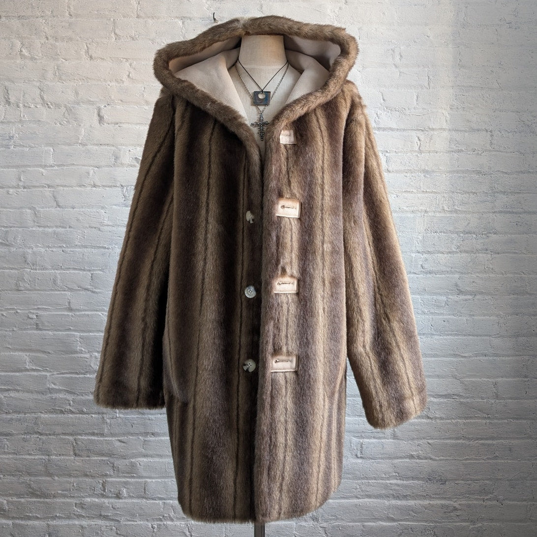 Vintage Brown Faux Fur Coat Vegan Suede Reversible Plush Cozy Trench Jacket
