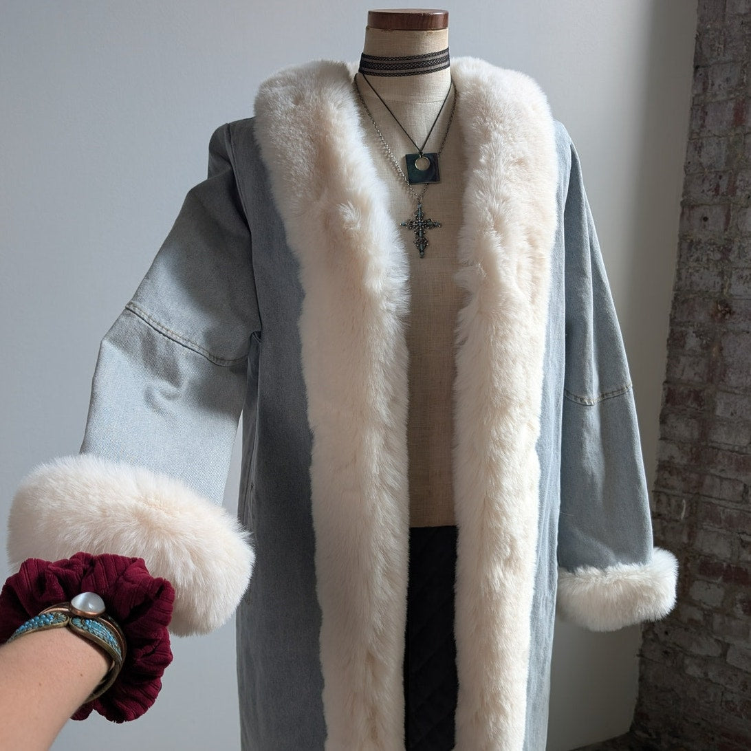 Y2K Faux Fur Penny Lane Afghan Coat Denim Trench Coat 90s Boho Jean Jacket Large