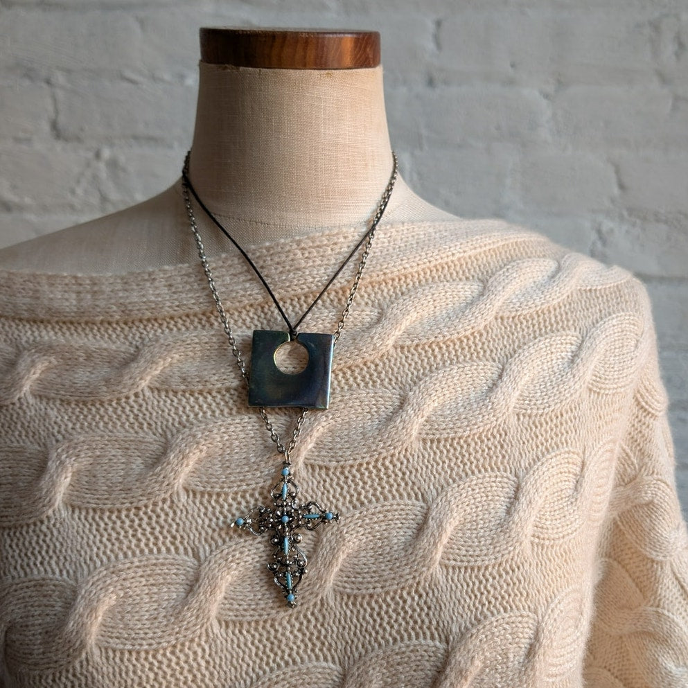 Y2K Mohair Cream Chunky Cable Knit Sweater Hippie Boho Woven Femme Neutral Top