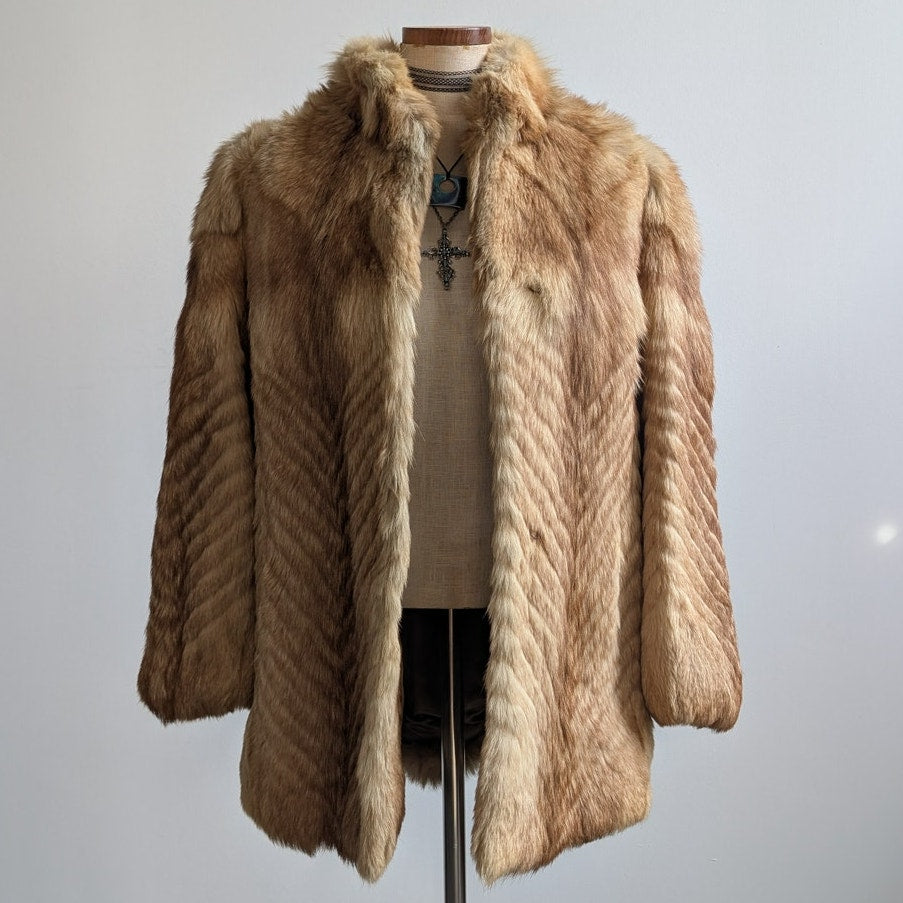 Vintage Brown Fur Coat Coyote Fox Fur Trim Coat Tan Neutral Winter Jacket Medium