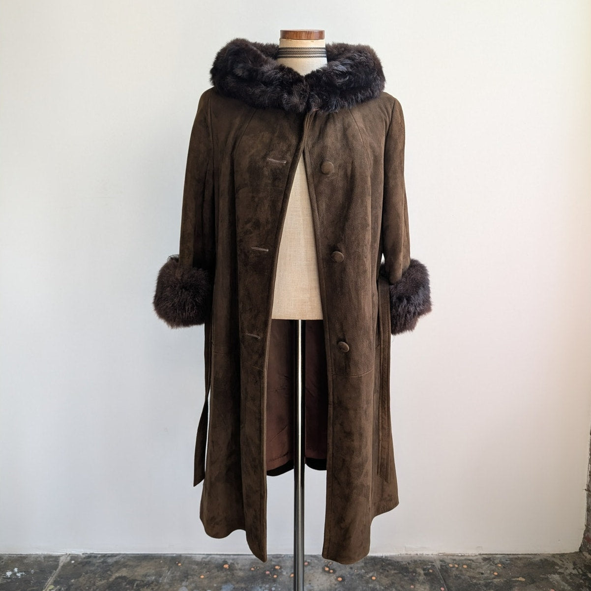 Vintage Brown Suede Penny Lane Jacket Fur Trim Leather Groovy Trench Coat Large