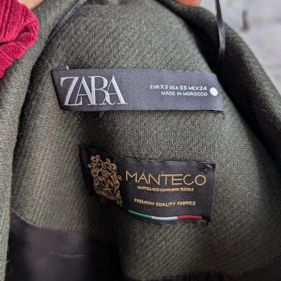 Zara Green Wool Trench Coat Earthy Blazer Dark Academia Chic Dress Jacket Small