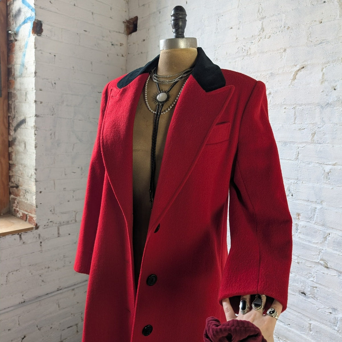 Vintage Red Wool Trench Coat Statement Velvet Collar Dark Romance Pleated Jacket