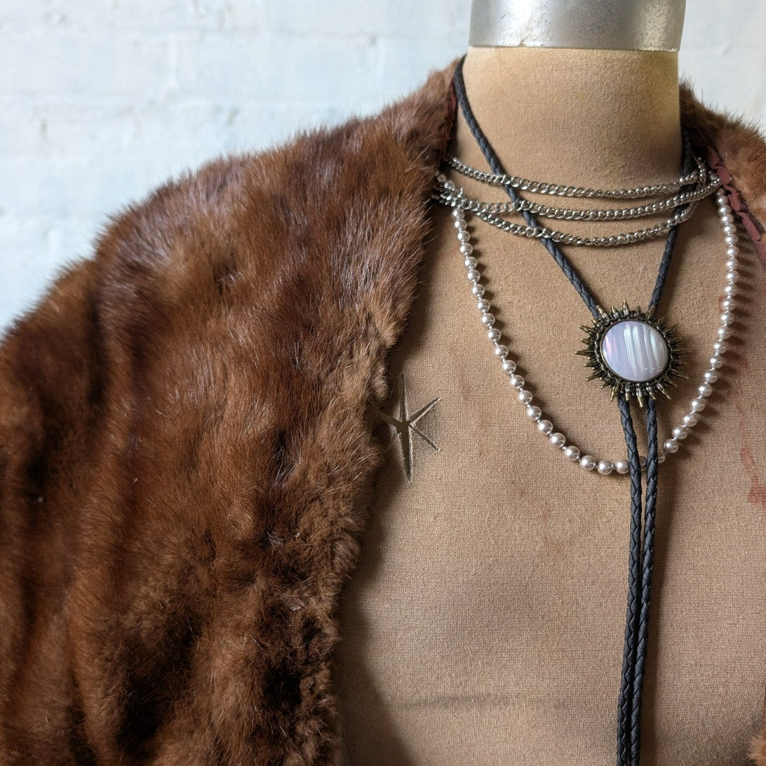 Vintage Brown Mink Fur Stole Scarf Mob Wife Shawl Genuine Furry Boho Chic Shrug