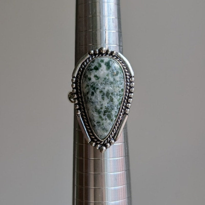 Earthy Green White Sterling Silver Ring Retro Vintage Boho Natural Stone Size 9