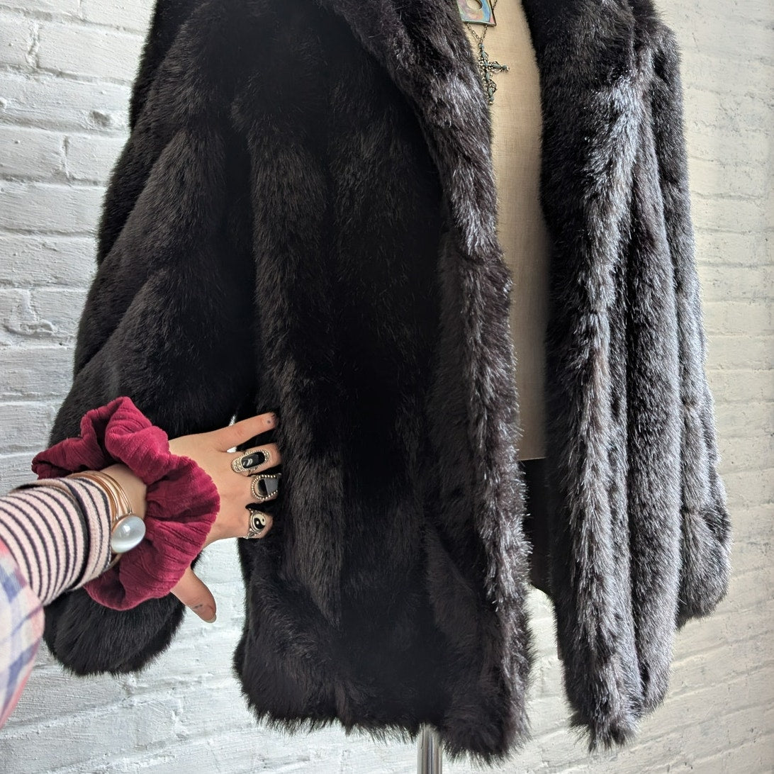 Vintage Black Faux Fur Coat Shaggy Mob Wife Grunge Minimalist Glam Cozy Jacket