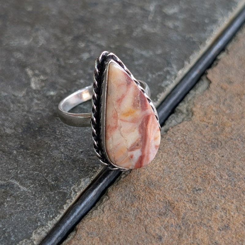 Cream Red Boho Statement Ring Teardrop Silver Vintage Groovy Southwest Size 8.75